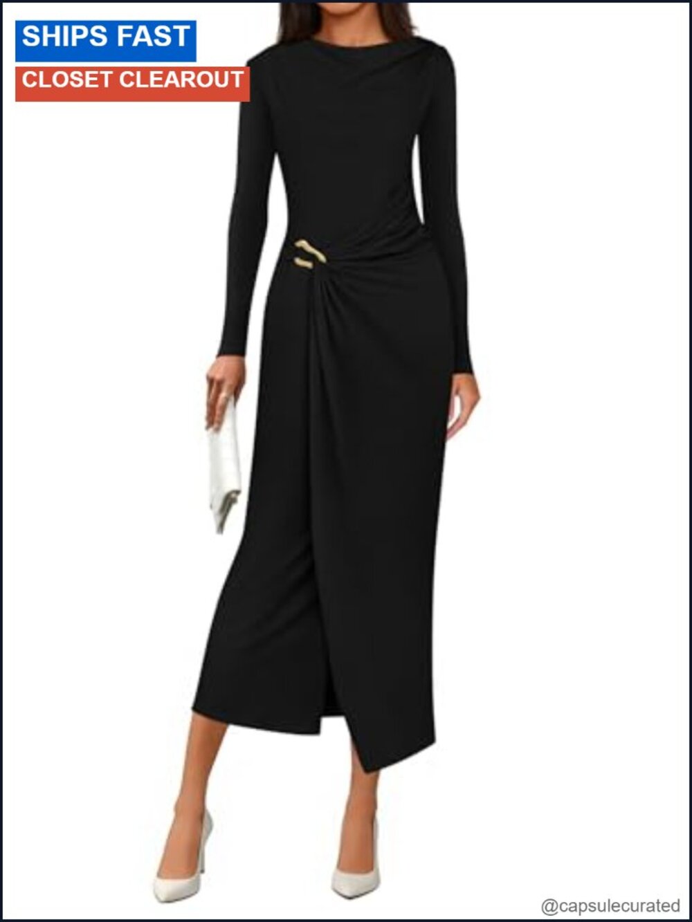 Womens Cowl Neck Long Sleeve Bodycon Midi Dress Ruched Formal Cocktail